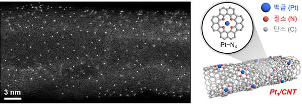 연구팀이 개발한 새로운 염소발생 촉매의 투과전자현미경(TEM) 사진과 활성점의 모식도. 흰색으로 빛나는 백금 원자가 고르게 퍼져있는 것을 볼 수 있다. UNIST 제공