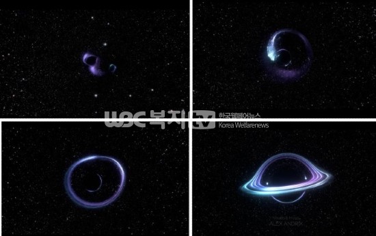▲ 두 천제가 충돌해 하나의 블랙홀이 형성되는 과정. 버고연구단 영상 캡쳐