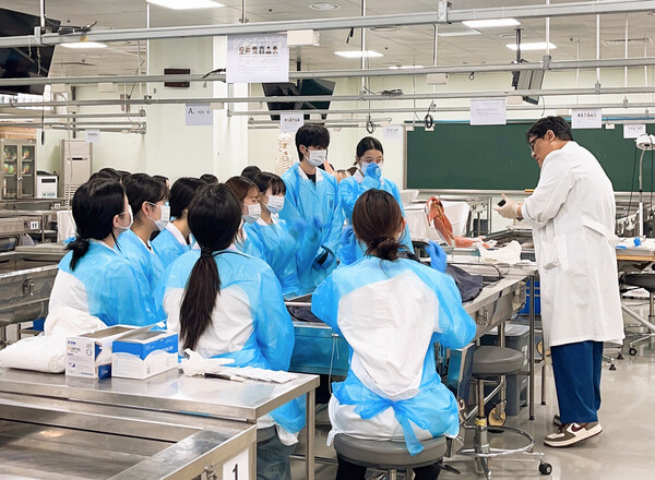 부산대 의과대학 해부실습실에서 카데바 실습 중인 신라대 치위생학과 학생들(사진:신라대제공)